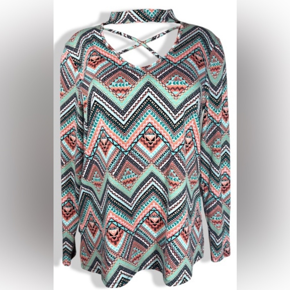 Bobbie Brooks  Chevron Graphic print Long Sleeve Blouse with Mandarin Collar SzS
